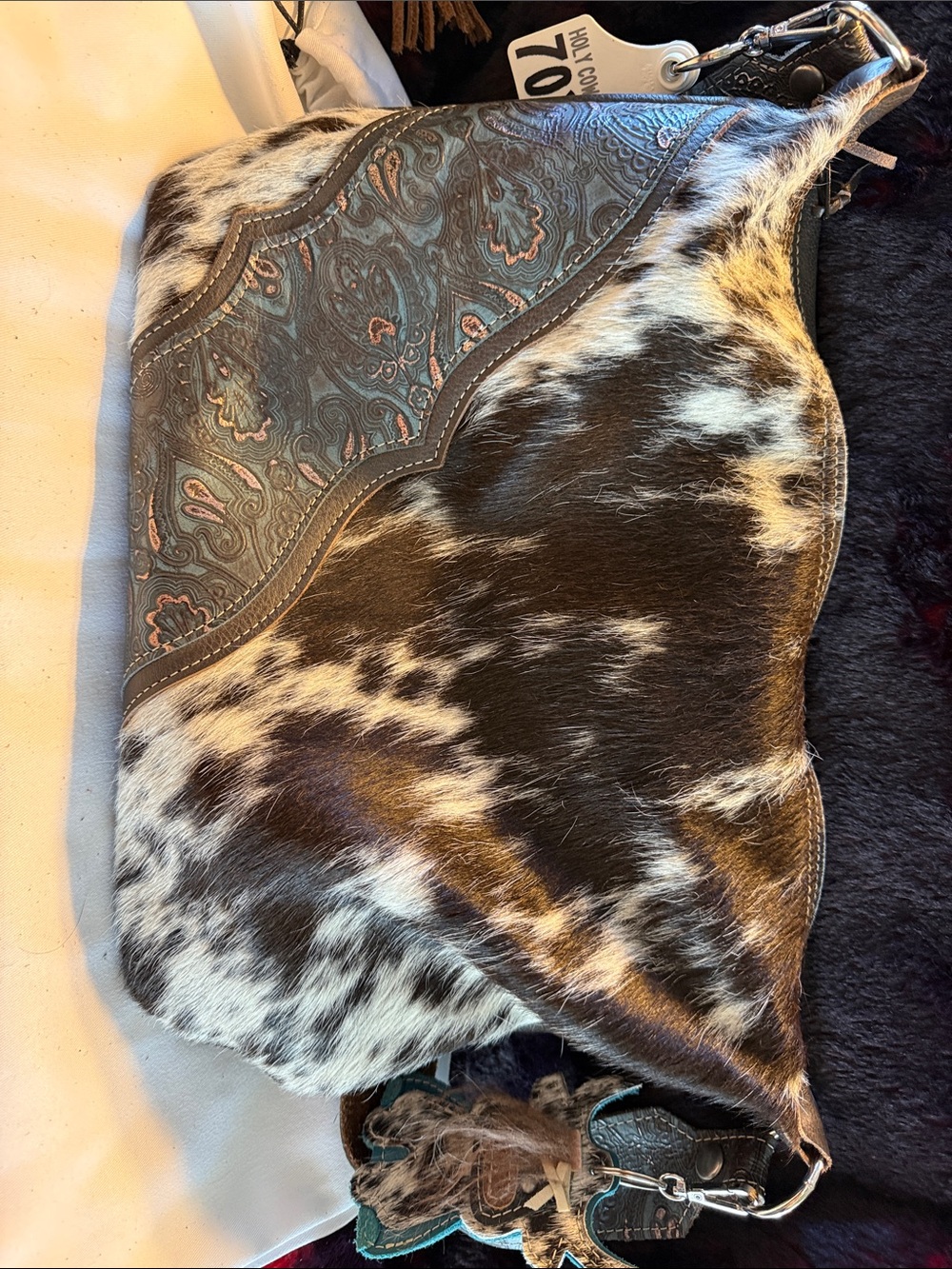 Designer Holy Cow  Cowhide Accent Tote with Paisley Leather Trim - Brown & White